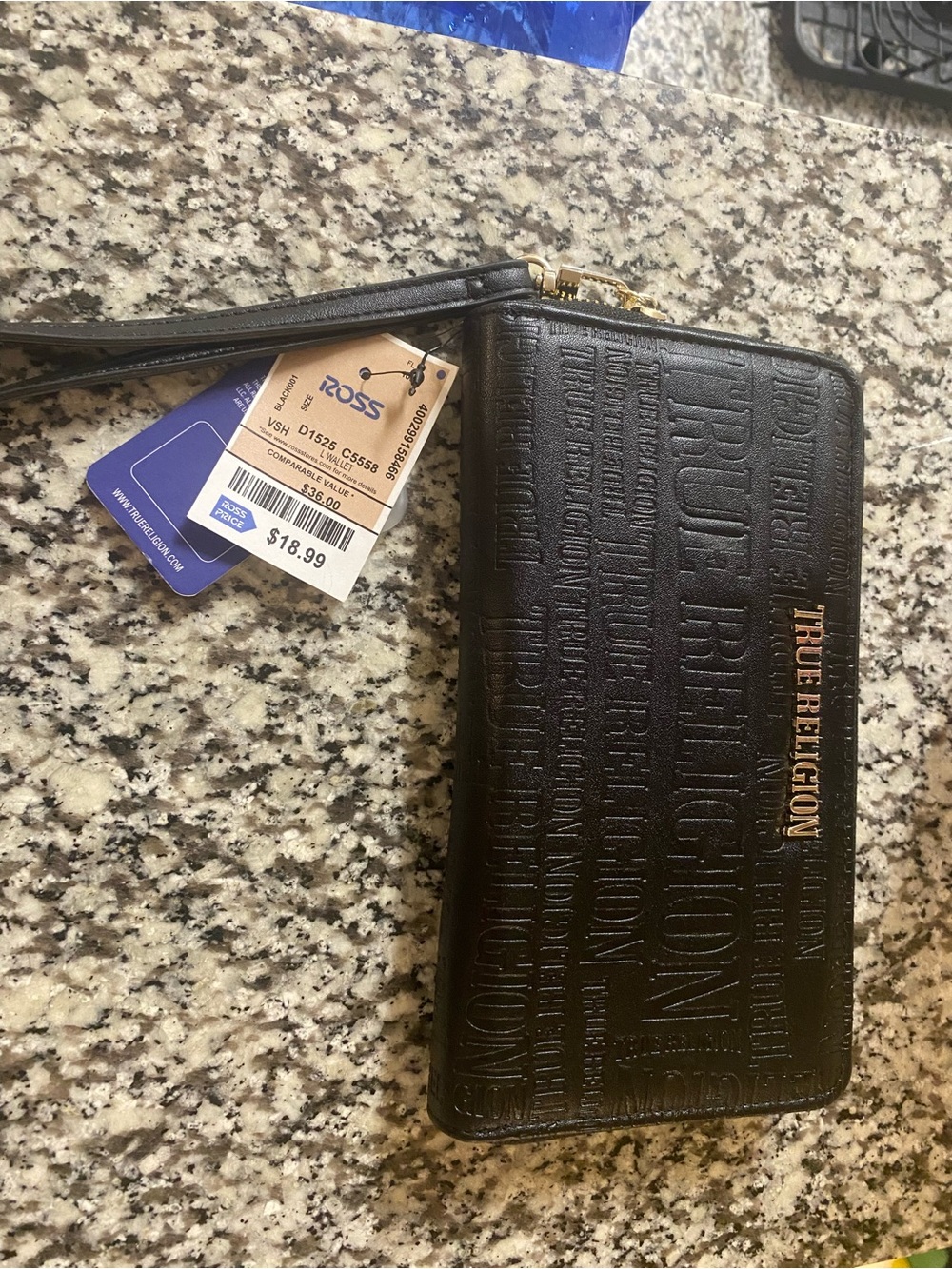 True Religion Black Embossed Leather Zip Wristlet